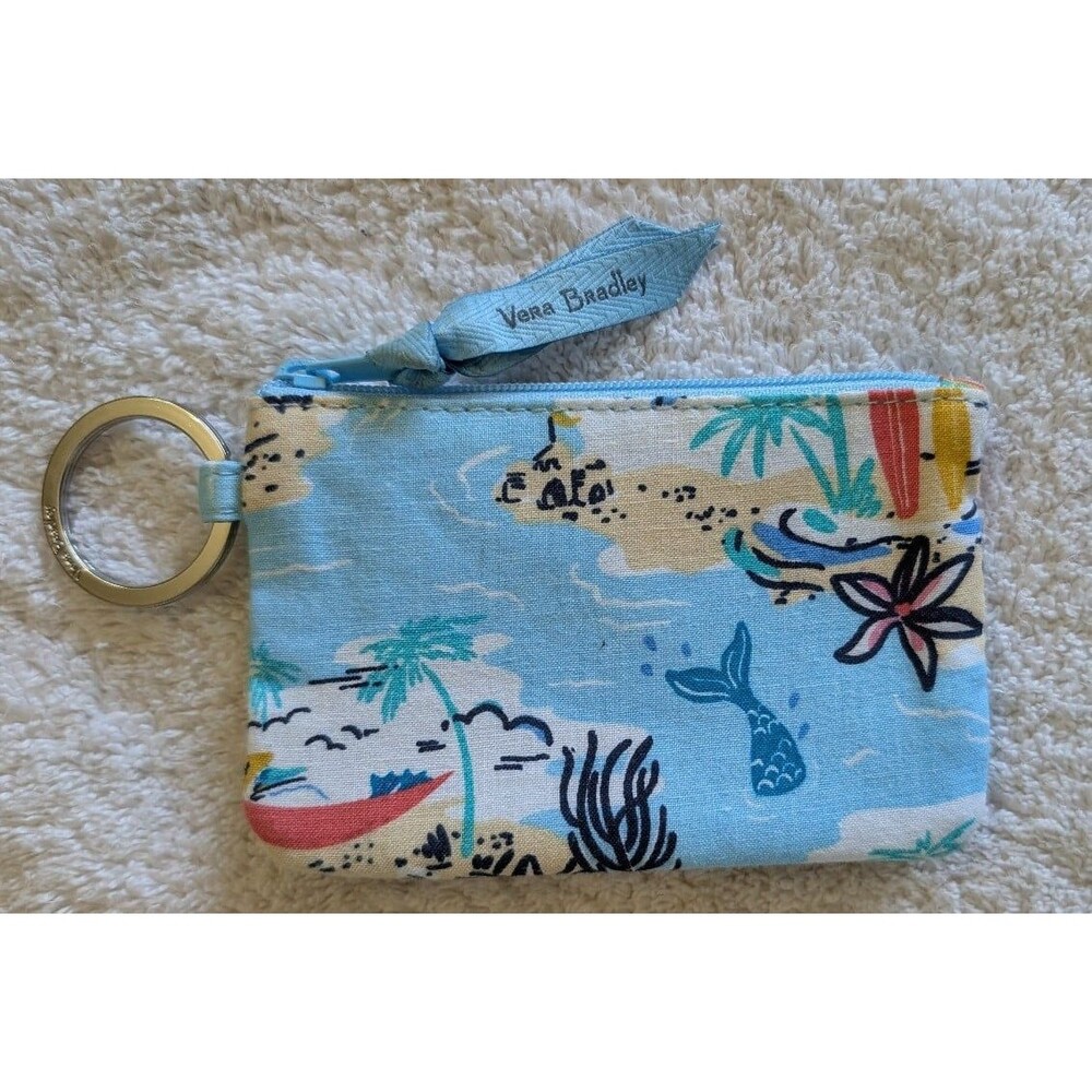 Vera Bradley Zip ID Case Keychain Wallet Beach Palm Trees Surfboard Mermaid